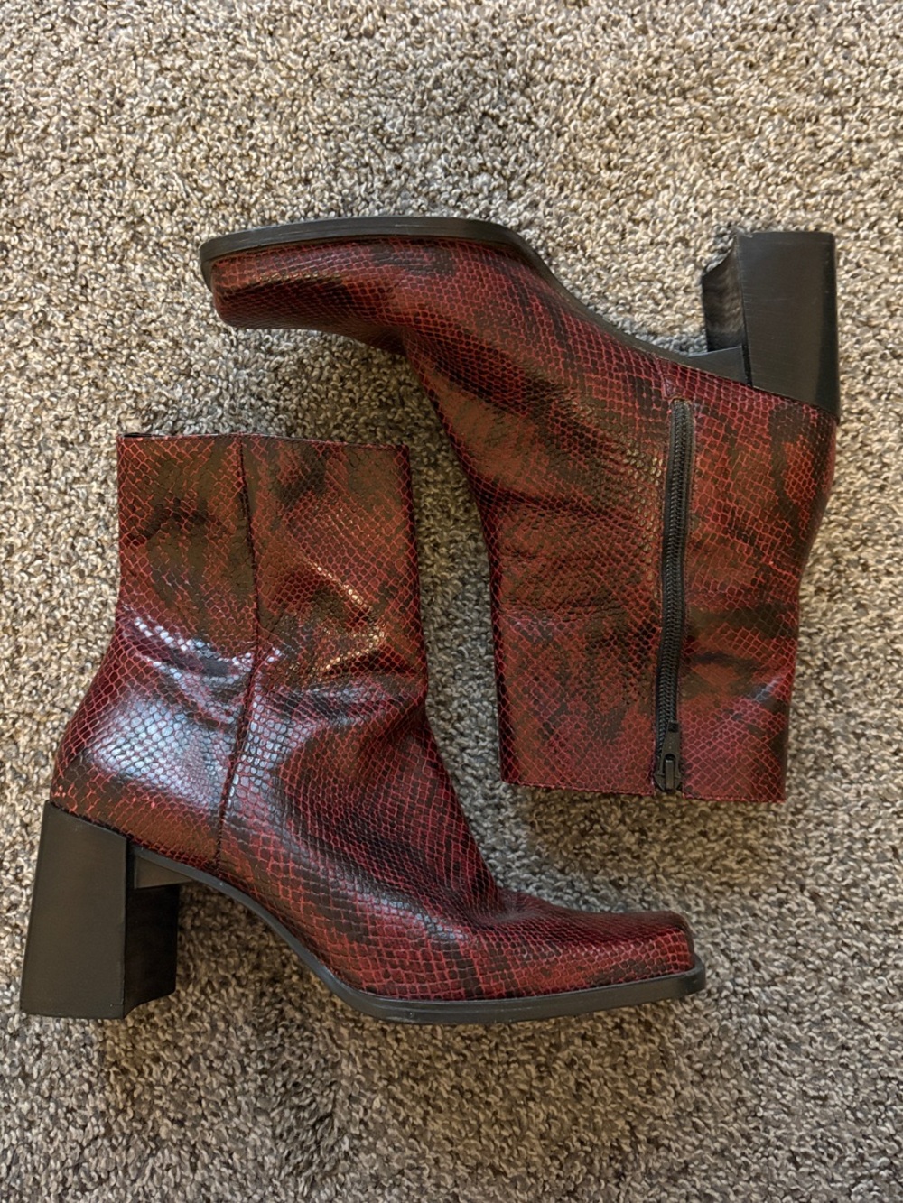 Nine West Red Leather, Snake-Print, Square Toe Ankle Boots—Y2K Rockstar